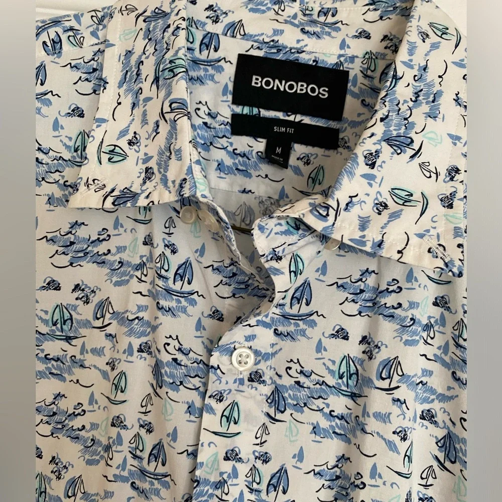 Bonobos Men’s Blue & White sailboat Printed Short Sleeve Shirt - Picture 2 of 3